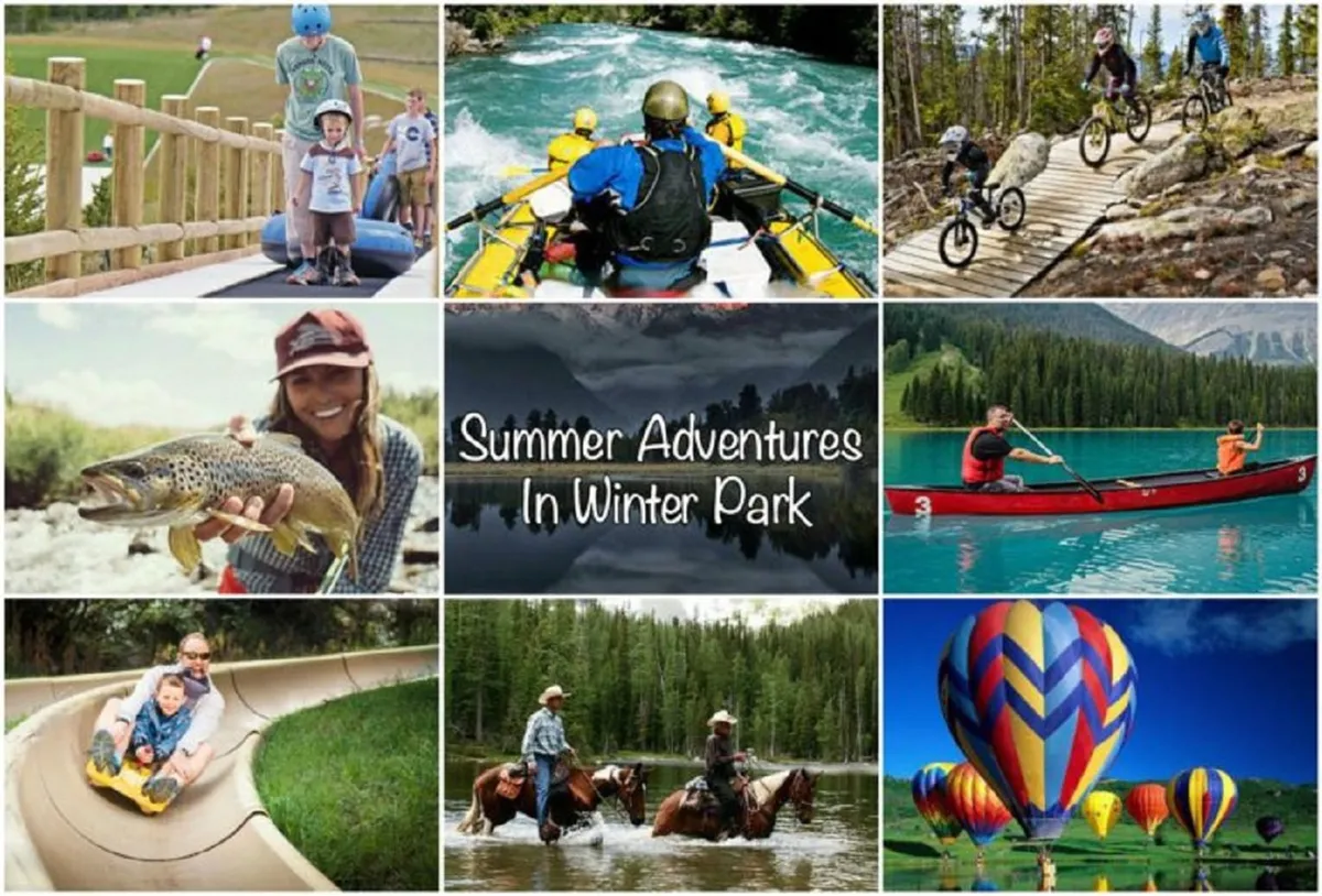 A vibrant outdoor scene filled with families enjoying a variety of summer activities: white-water rafting, mountain biking, relaxing by a lake, and colorful hot air balloons filling the sky. The atmosphere is lively, adventurous, and full of energy.